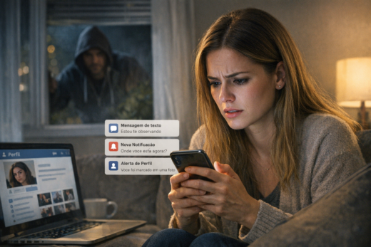 Mulher assustada recebe mensagens de Cyberstalking no celular, enquanto uma figura encapuzada aparece à janela.