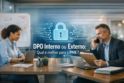 Equipe avalia dpo interno ou externo qual é melhor para pme diante de ícone de segurança de dados.