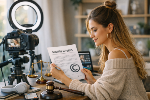 Vídeo sobre direito autoral influencer: criadora segura documento diante de câmera, ring light, balança e martelo.