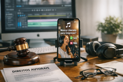 Celular sobre direitos autorais pergunta se empresa pode usar música em Reels, com opções sim e não.