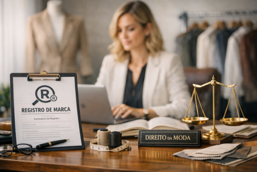 Advogada de fashion law trabalha em escritório com formulário de registro de marca, balança e amostras de tecido.