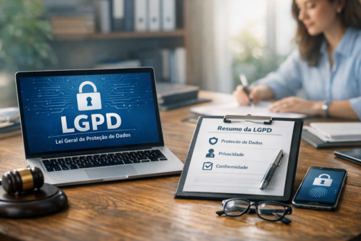 LGPD resumo em laptop e prancheta destaca proteção de dados, privacidade e conformidade.