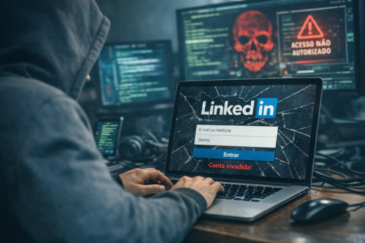 Pessoa de capuz diante do notebook com tela do LinkedIn invadida, ilustrando caso de Linkedin hackeado.