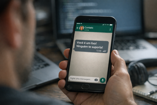 Pessoa segura celular exibindo mensagem ofensiva no whatsapp: “Você é um lixo! Ninguém te suporta!”
