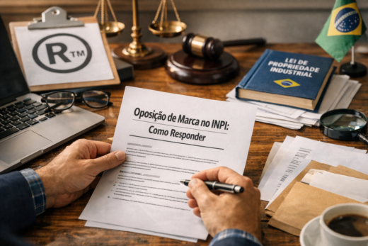 Documentos jurídicos, martelo e balança ilustram oposição de marca no INPI.