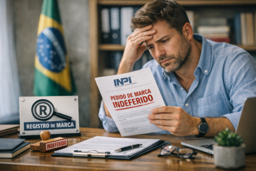 Empresário preocupado analisa pedido de marca indeferido no INPI, diante de documentos de registro.