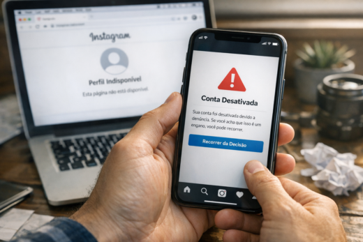 Tela mostra perfil do Instagram derrubado por denúncia falsa e opção para recorrer.