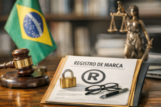 Proteção de marca no Brasil: registro de marca com cadeado, martelo e bandeira brasileira em ambiente jurídico.