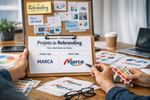 Equipe analisando projeto de rebranding com nova identidade visual, logos e paleta de cores sobre a mesa.