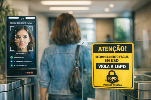 Catraca com tela de reconhecimento facial e aviso: reconhecimento facial em condomínio viola a LGPD.