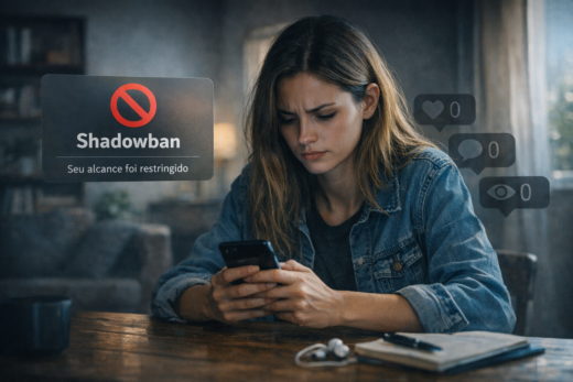 Mulher triste olha o celular enquanto aviso de Shadowban indica alcance restrito e zero interações.