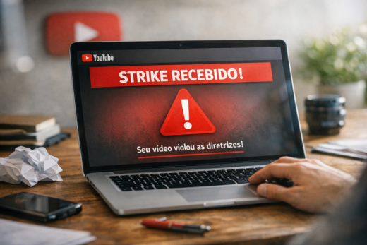Notebook exibe alerta de vídeo que violou diretrizes, ilustrando strikes no youtube.