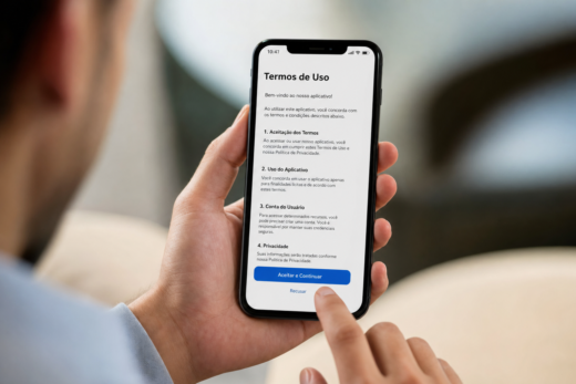 Pessoa lê os termos de uso app no celular e toca no botão “Aceitar e Continuar”.