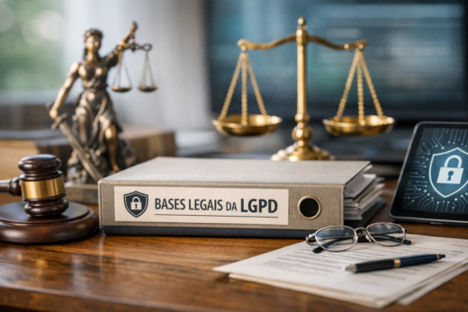 Pasta com as bases legais da LGPD, balança da justiça, martelo e símbolo de proteção de dados.