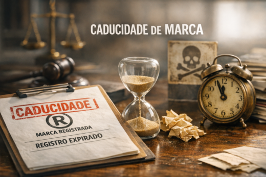 Documento de registro de marca ao lado de ampulheta e relógio, representando a caducidade.