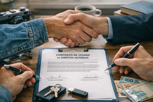 Duas pessoas assinam contrato de cessão de direitos autorais enquanto apertam as mãos.