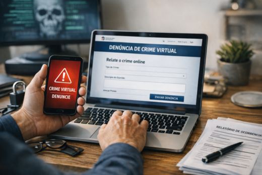 Como denunciar crime virtual: pessoa preenche denúncia online no laptop enquanto usa celular de alerta.