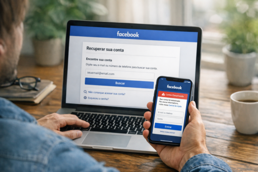 Pessoa usa laptop e celular para aprender como recuperar conta do Facebook após desativação.