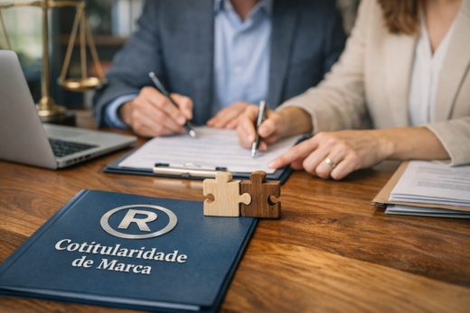Pessoas assinam contrato de cotitularidade de marca ao lado de peças de quebra-cabeça.
