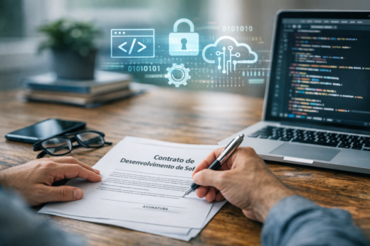 Equipe revisa contrato de desenvolvimento de software ao lado de notebook em ambiente profissional.