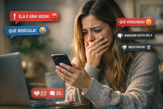 Mulher observa no celular mensagens relacionadas à difamação nas redes sociais.