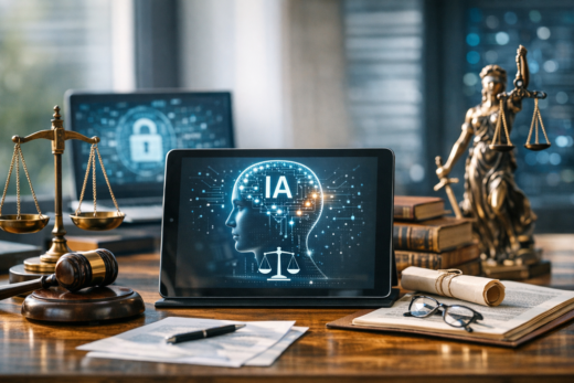 Tablet com IA e balança da justiça ilustram direito digital e inteligência artificial em um escritório jurídico.
