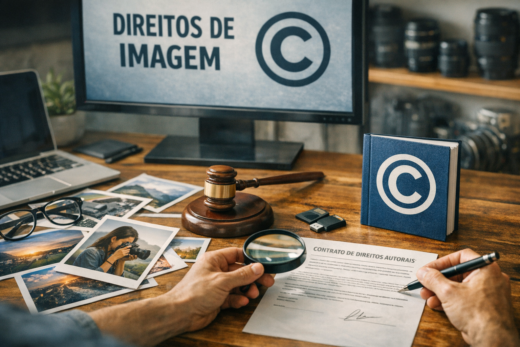 Contrato de direitos autorais, fotos, câmera e martelo ilustram os direitos autorais de imagens.