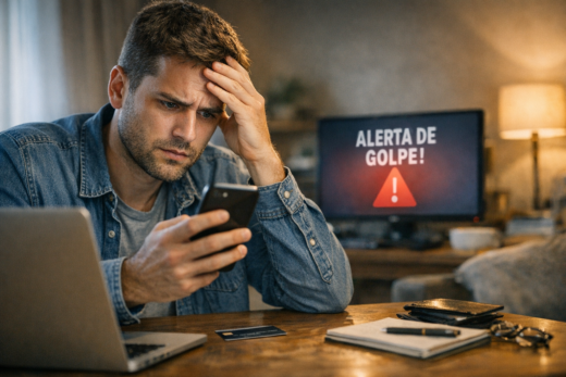 Homem preocupado olha o celular; monitor alerta sobre estelionato virtual.