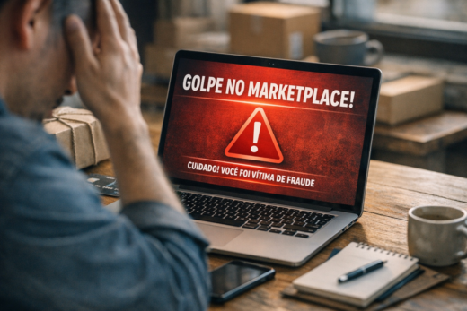 Pessoa diante de laptop com alerta de golpe no marketplace e mensagem de vítima de fraude.