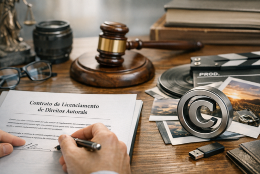 Contrato de licenciamento de direitos autorais assinado, com martelo, câmera, fotos e símbolo de copyright.