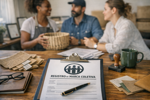 Artesãos analisam regras de uso de uma marca coletiva em mesa de trabalho.