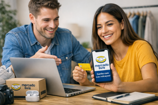 Casal sorridente com laptop, cartão e celular do Mercado Livre, representando afiliados do Mercado Livre.