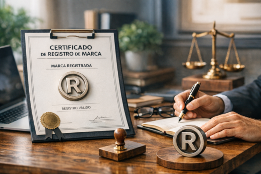 Certificado de marca registrada ao lado de símbolos jurídicos, representando um registro de marca em vigor.