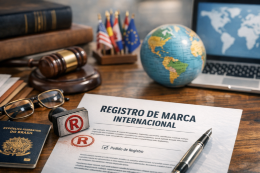 Documento de registro de marca internacional com martelo, globo, bandeiras e passaporte brasileiro.