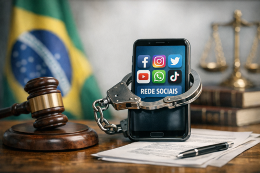 Celular com ícones de redes sociais algemado ao lado de martelo e balança, simbolizando a regulamentação das redes sociais.