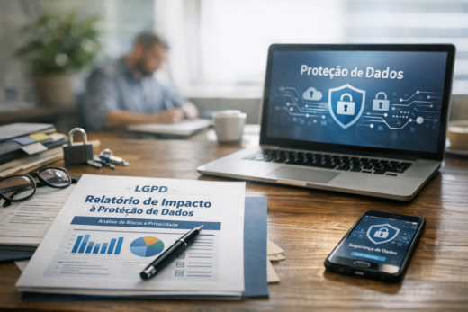 Mesa de trabalho com laptop e celular protegidos e relatório de impacto à proteção de dados da LGPD.