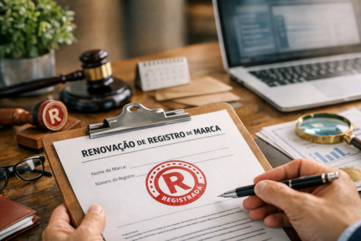 Documento de renovação de registro de marca assinado, com carimbo de marca registrada, laptop e martelo jurídico.