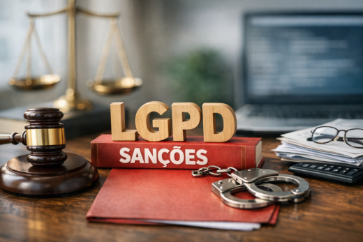 Balança da justiça, martelo e algemas ilustram as sanções da LGPD.