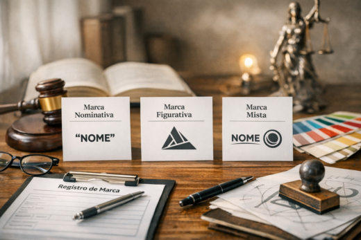 Tipos de registro de marca: nominativa, figurativa e mista, com documentos jurídicos sobre a mesa.