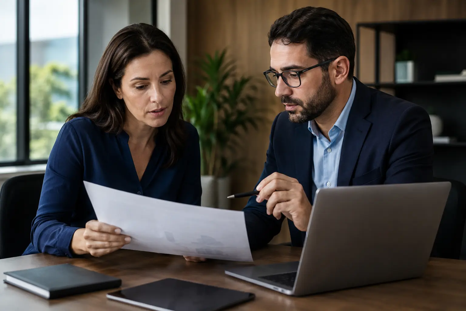 Gestora e especialista analisam um acordo de nível de serviço em escritório, com documento e laptop.