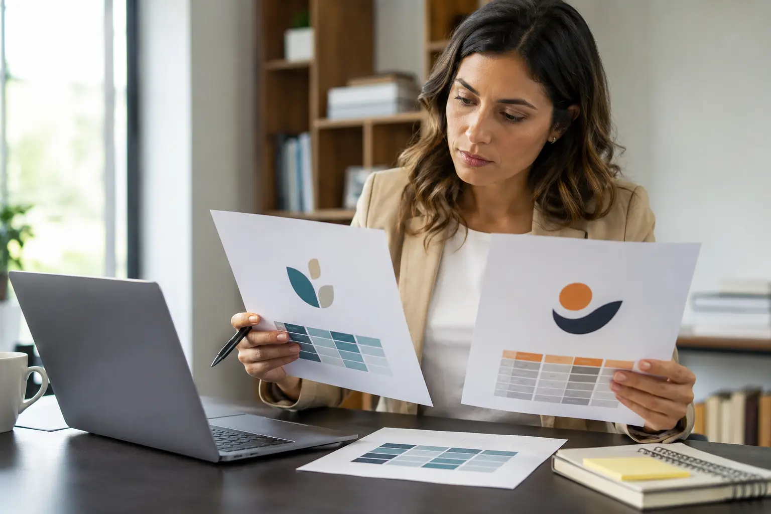 Empreendedora compara identidades visuais durante busca de anterioridade de marca