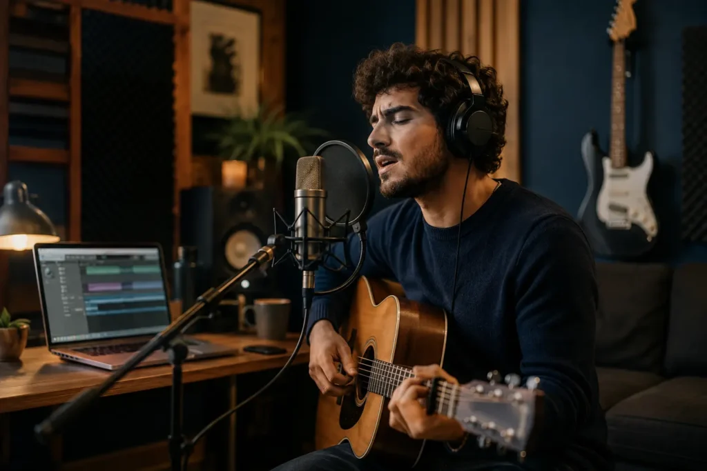 Músico grava cover e avalia direitos autorais em estúdio