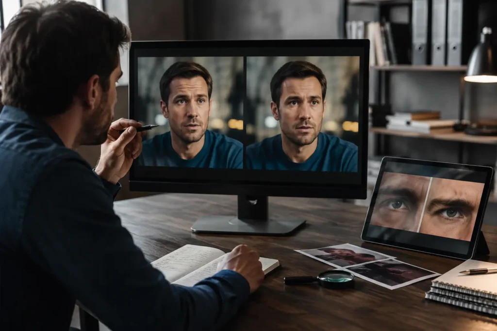 Profissional analisa vídeo manipulado em computador, representando o que é deepfake e a preservação de provas digitais