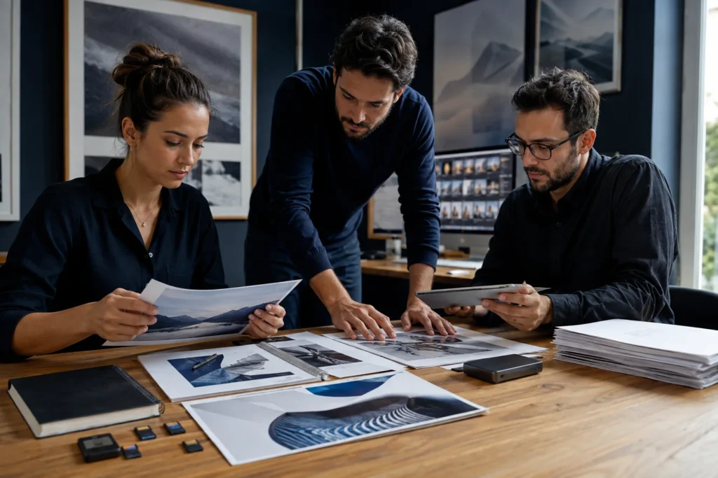 Equipe criativa organiza arquivos originais e licenças, representando direitos autorais no ambiente digital