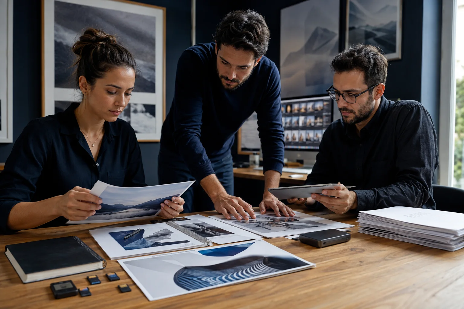 Equipe criativa organiza arquivos originais e licenças, representando direitos autorais no ambiente digital