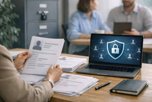 Profissional de RH analisa documentos de colaboradores com sistema protegido por cadeado