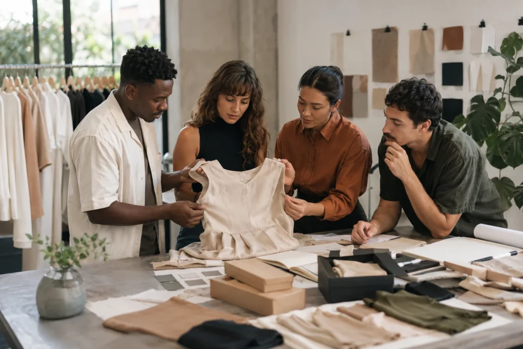Equipe de moda avalia peça e materiais, representando marcas de roupas famosas e estratégias de proteção de marca
