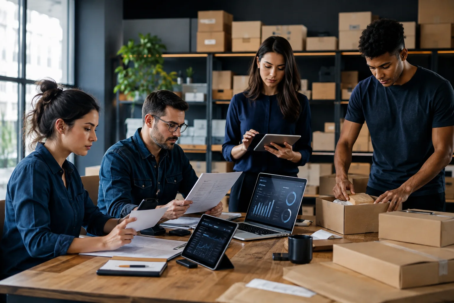 Equipe de comércio eletrônico revisa pedidos, trocas e documentos de uma operação de marketplace e e-commerce