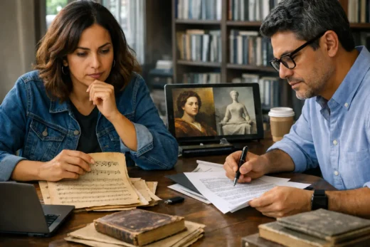 Pessoas analisam manuscritos, partituras e obras antigas para verificar se estão em domínio público