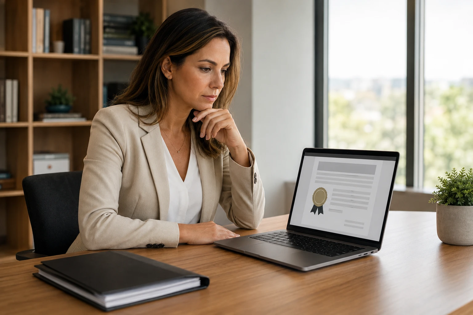 Empresária confere o certificado de registro de marca emitido pelo INPI em um notebook no escritório.